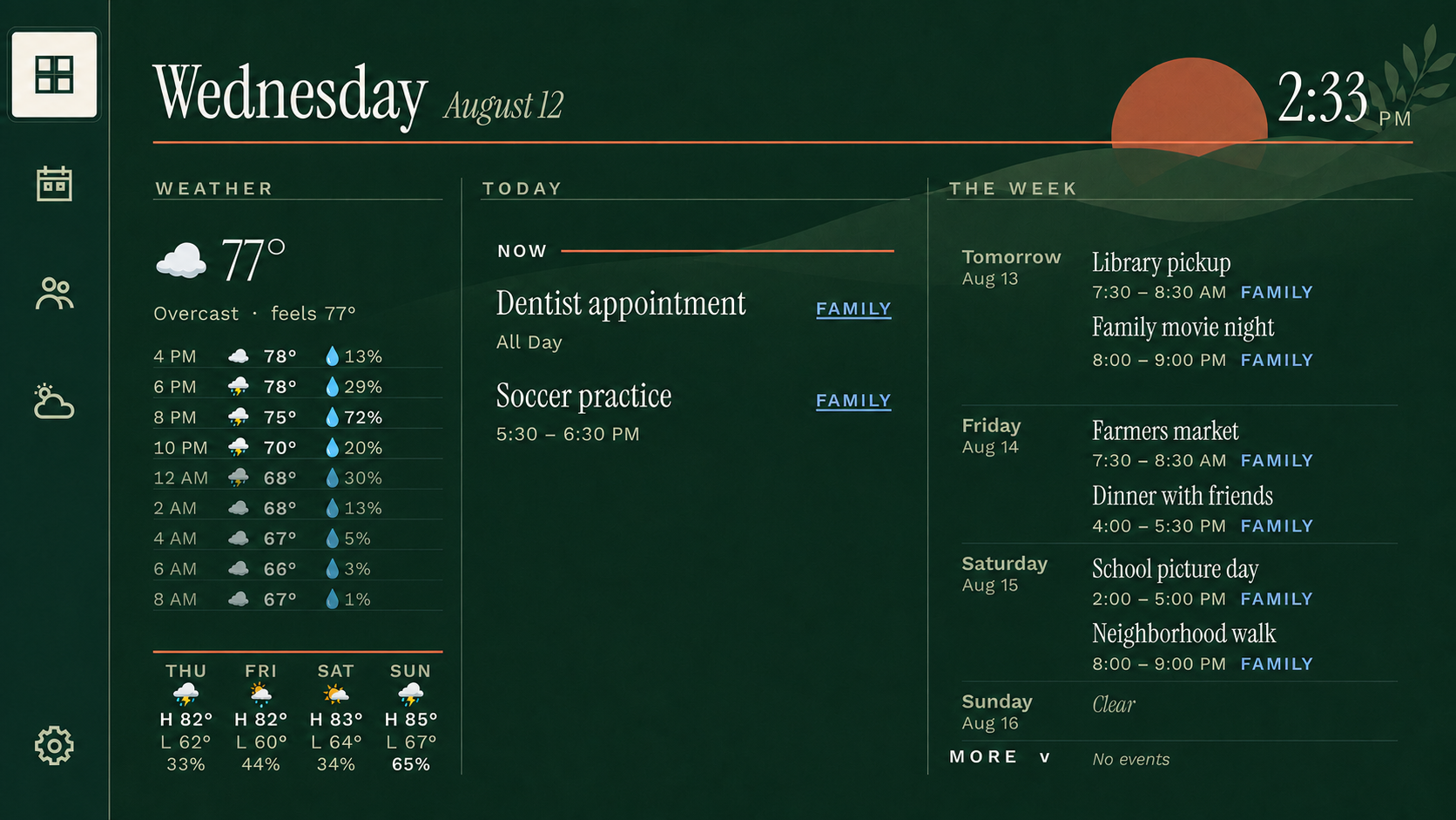 The Daypane dashboard showing weather, fictional calendar events, the week ahead, and the TV navigation rail